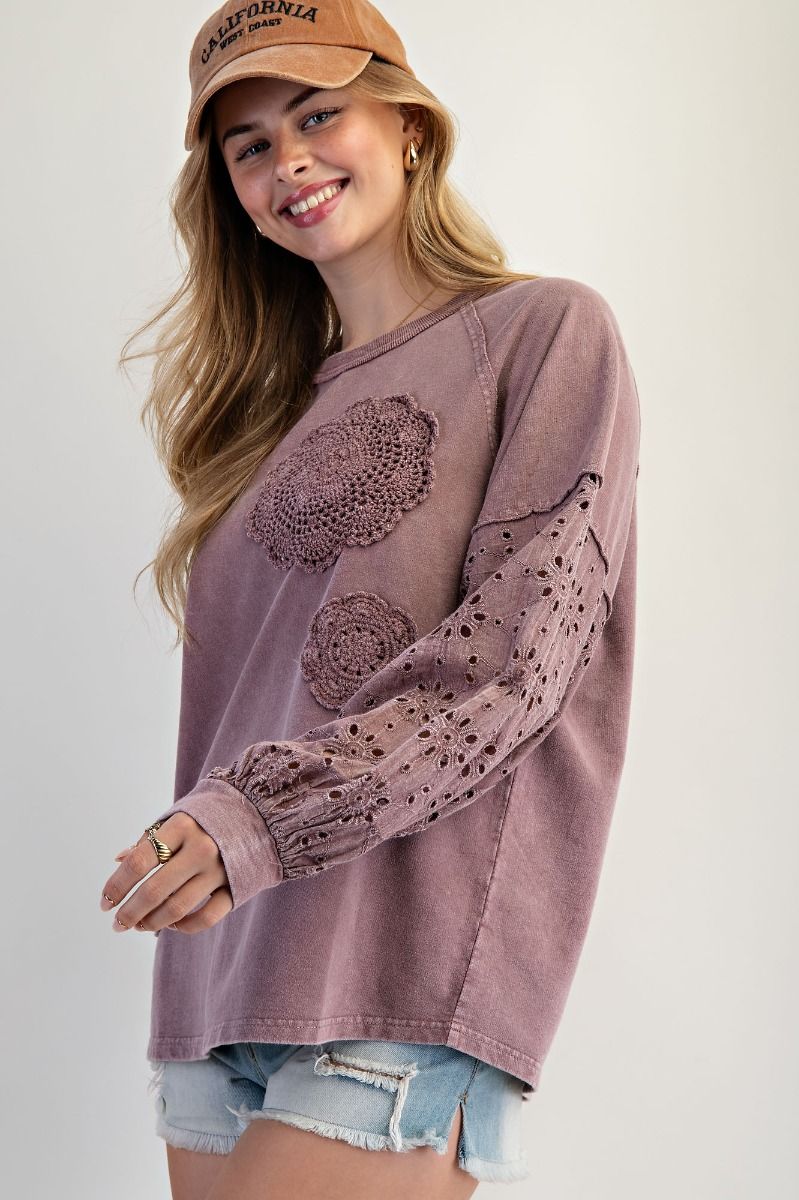 EASEL Eyelet Lace Washed Terry Pullover