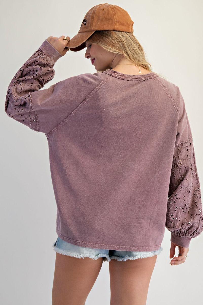 EASEL Eyelet Lace Washed Terry Pullover