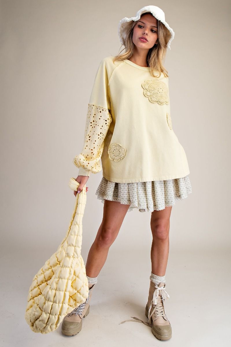 EASEL Eyelet Lace Washed Terry Pullover