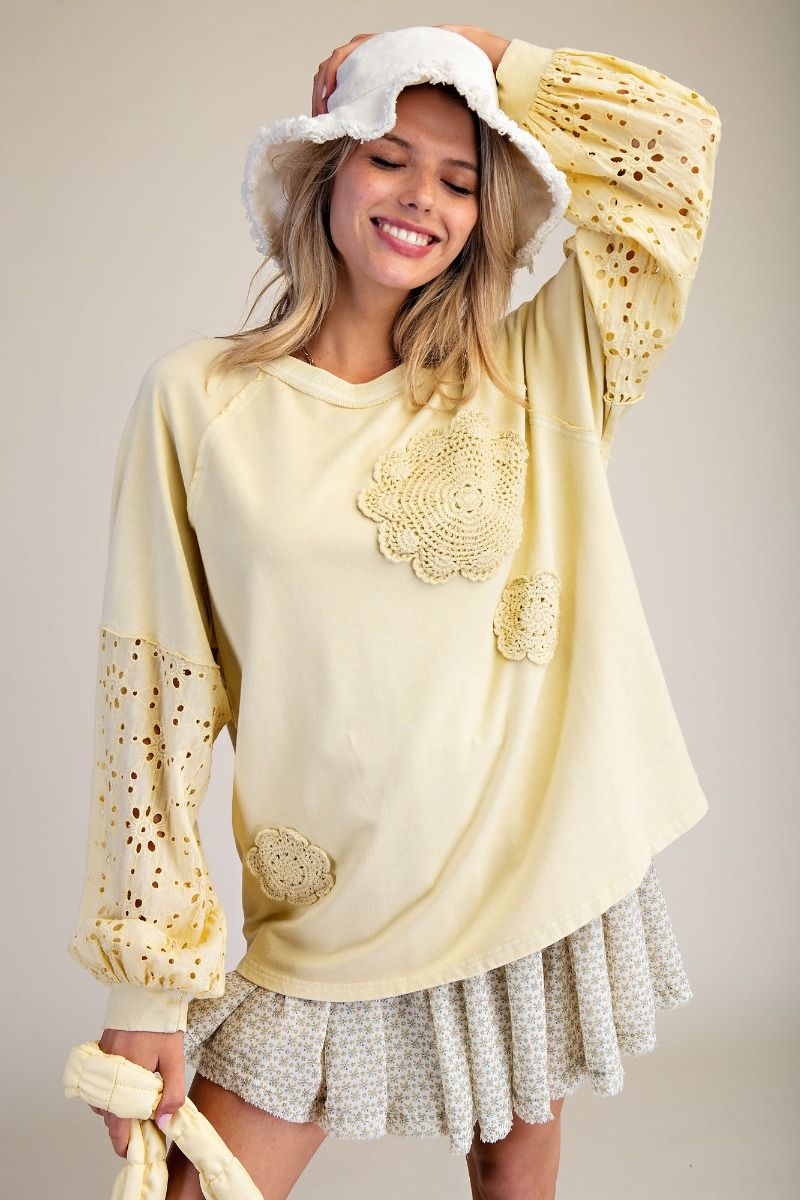 EASEL Eyelet Lace Washed Terry Pullover