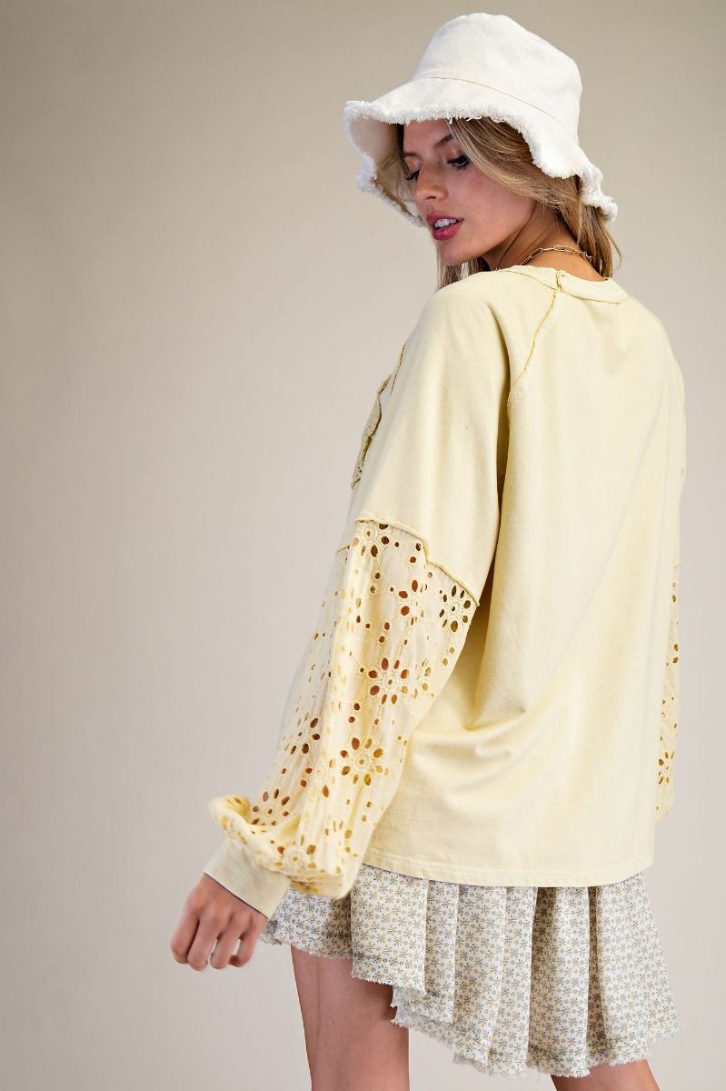 EASEL Eyelet Lace Washed Terry Pullover