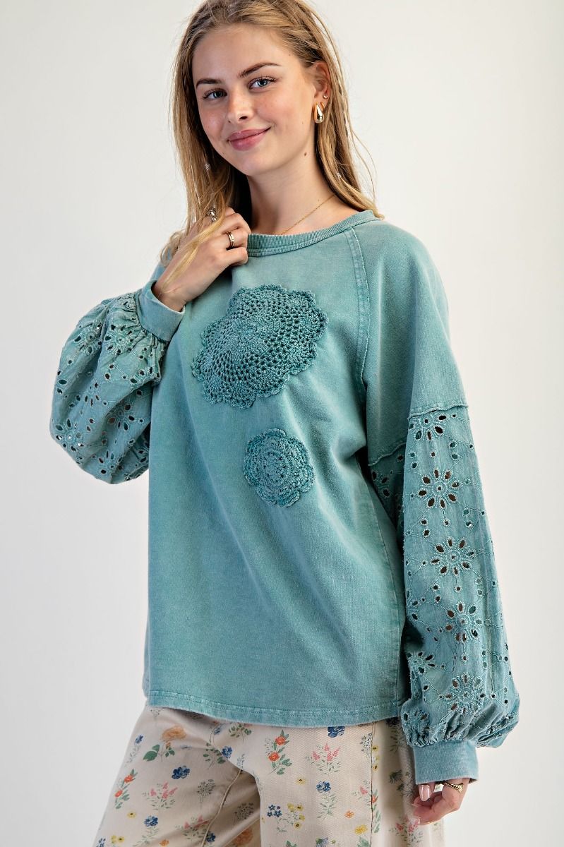 EASEL Eyelet Lace Washed Terry Pullover