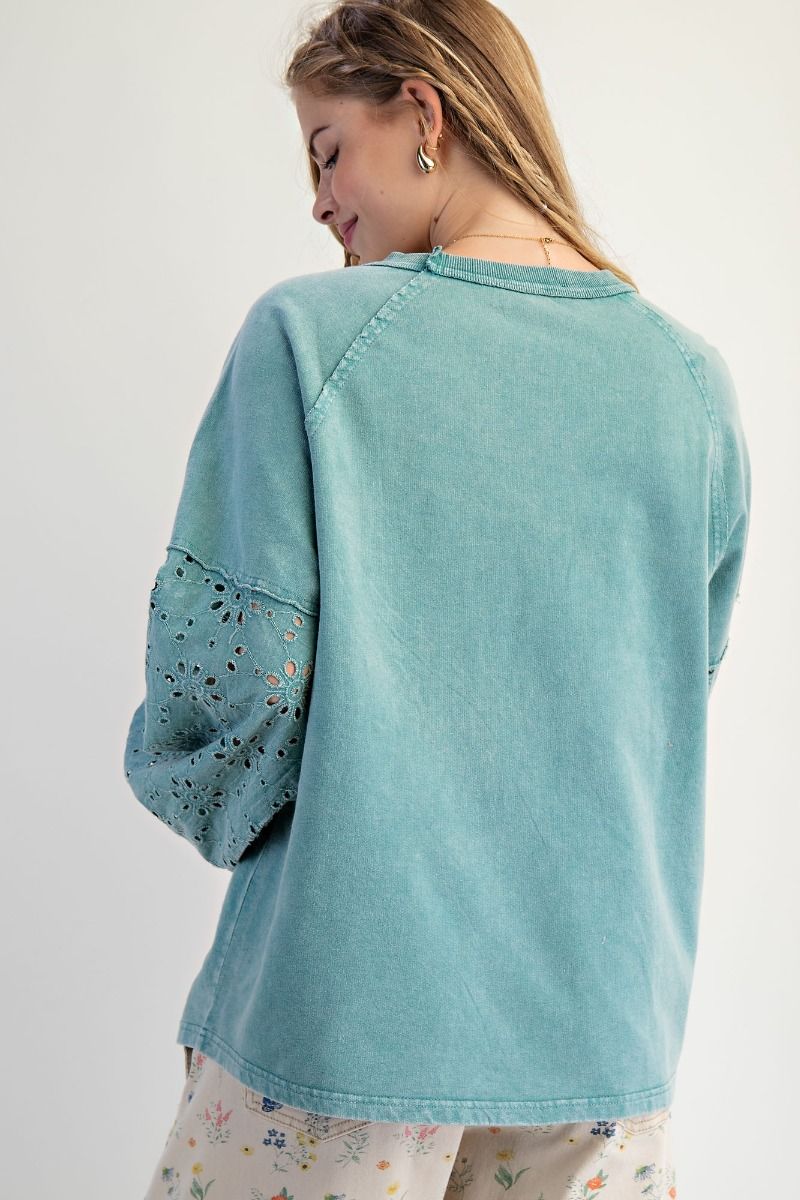 EASEL Eyelet Lace Washed Terry Pullover