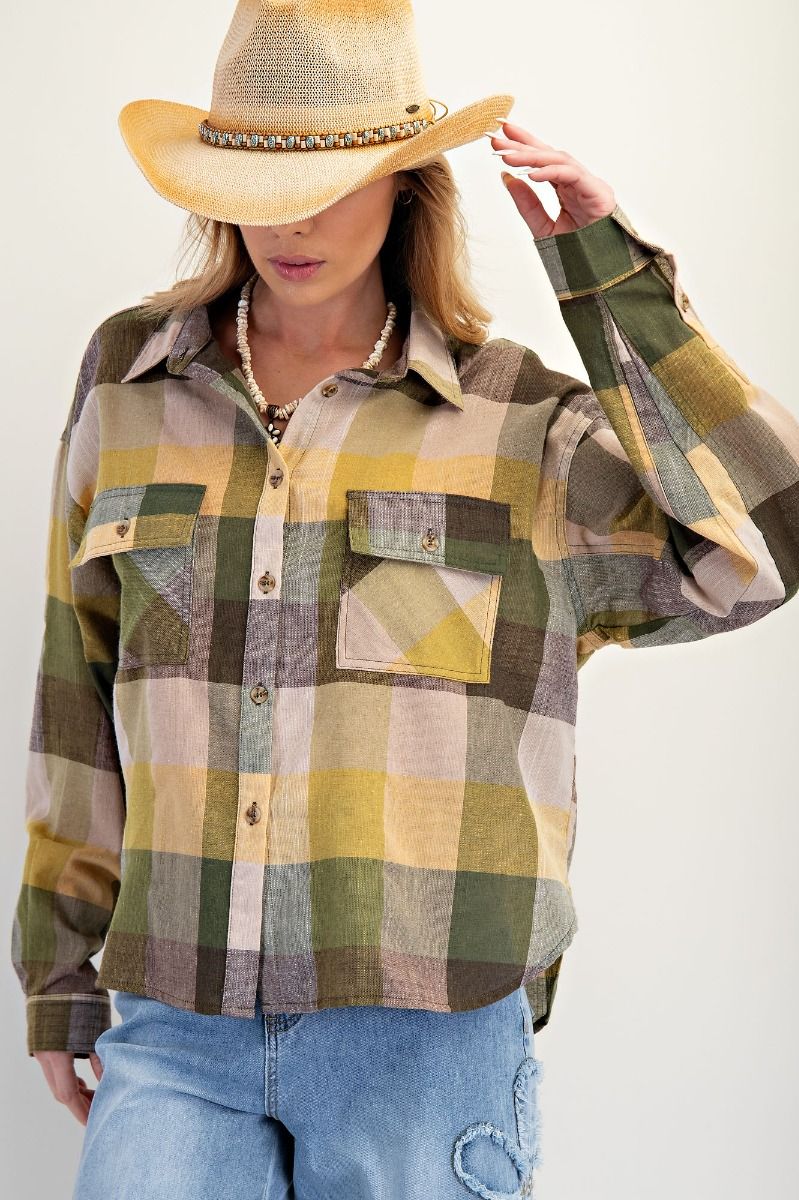 EASEL Plaid Linen Washed Button Down Shirt