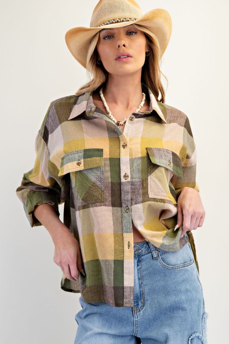 EASEL Plaid Linen Washed Button Down Shirt