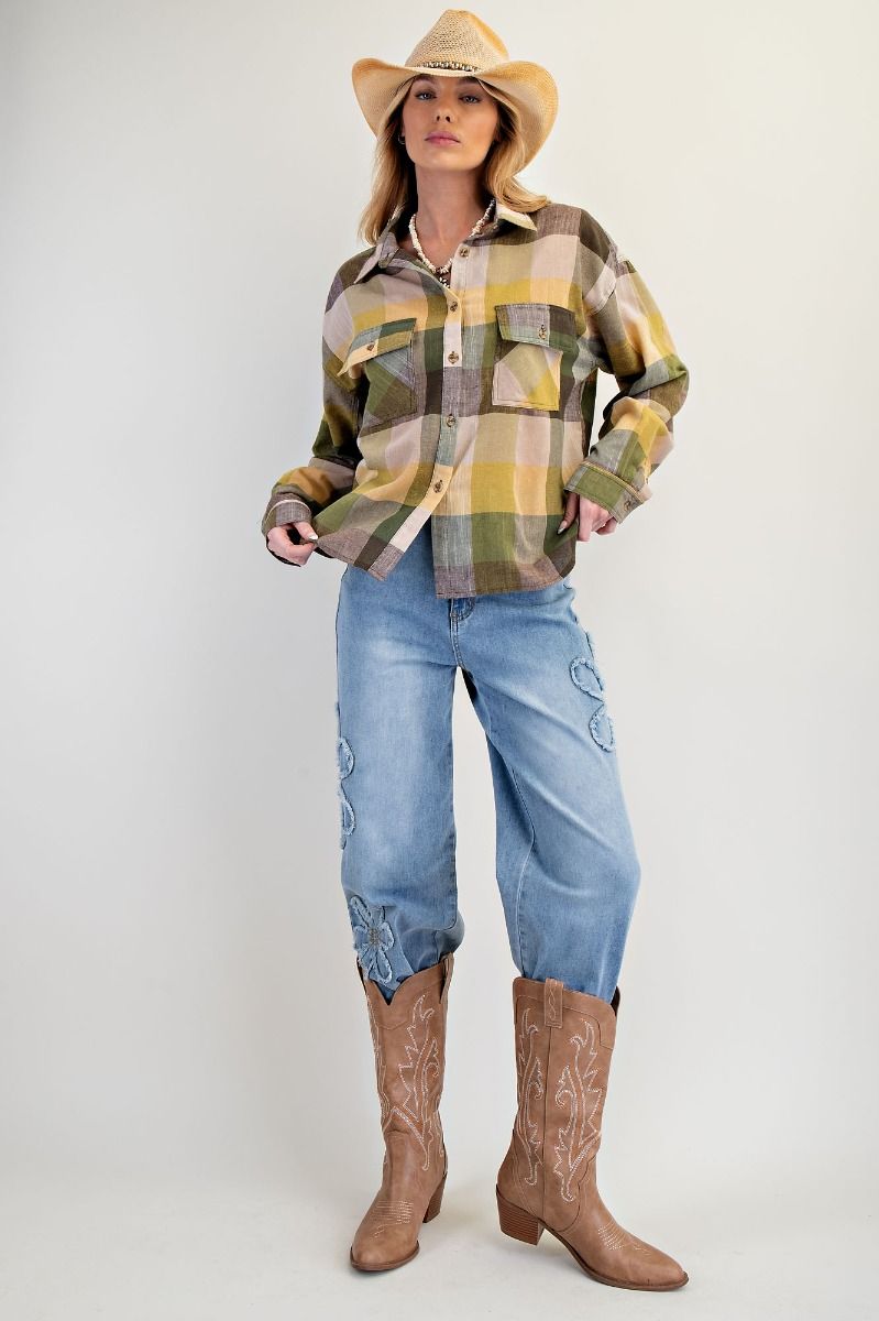 EASEL Plaid Linen Washed Button Down Shirt