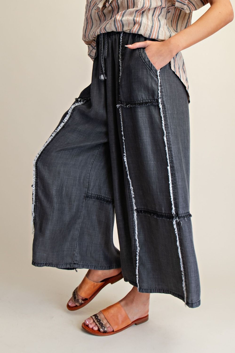 EASEL Washed Chambray Palazzo Pants Full Size Run