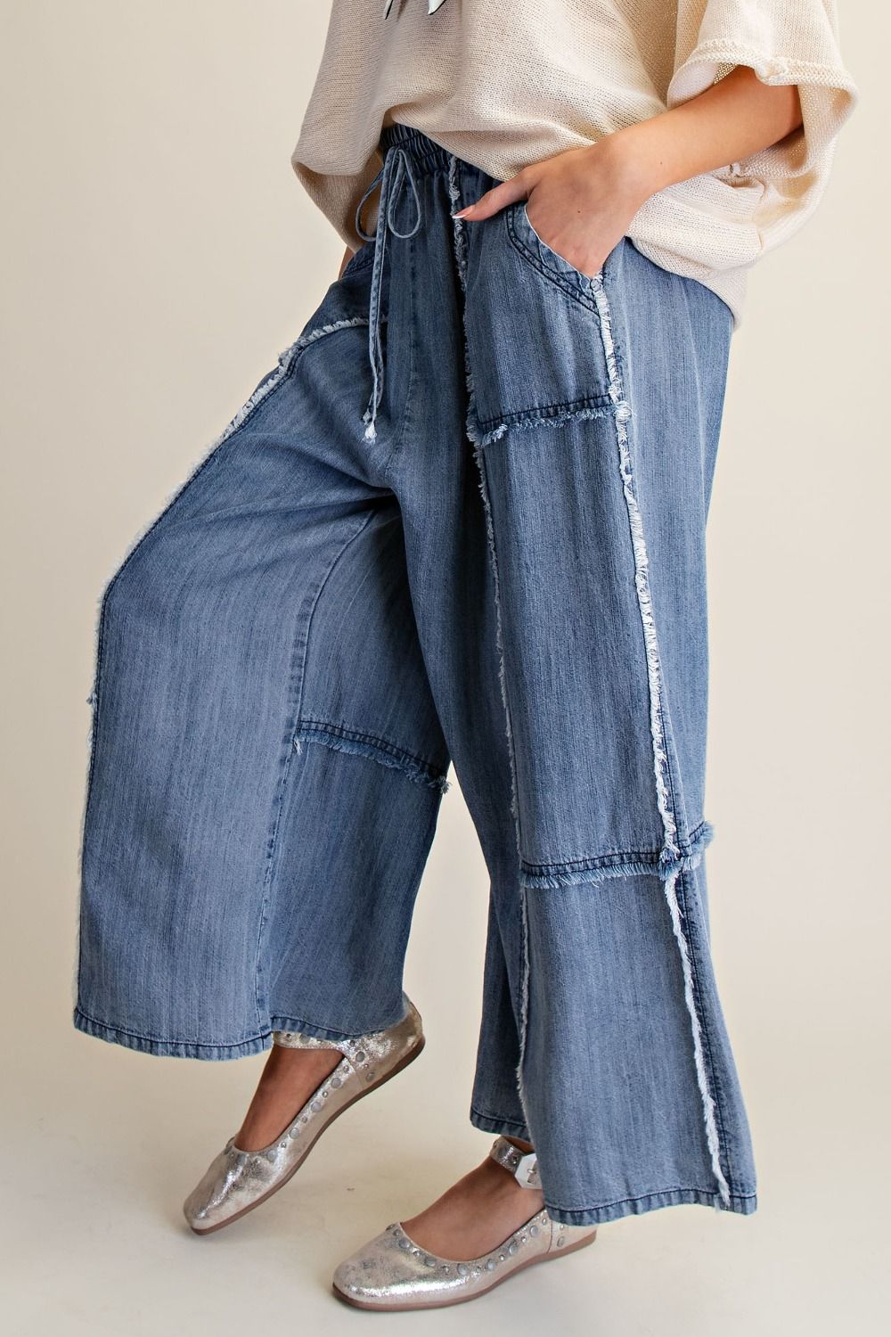 EASEL Washed Chambray Palazzo Pants Full Size Run