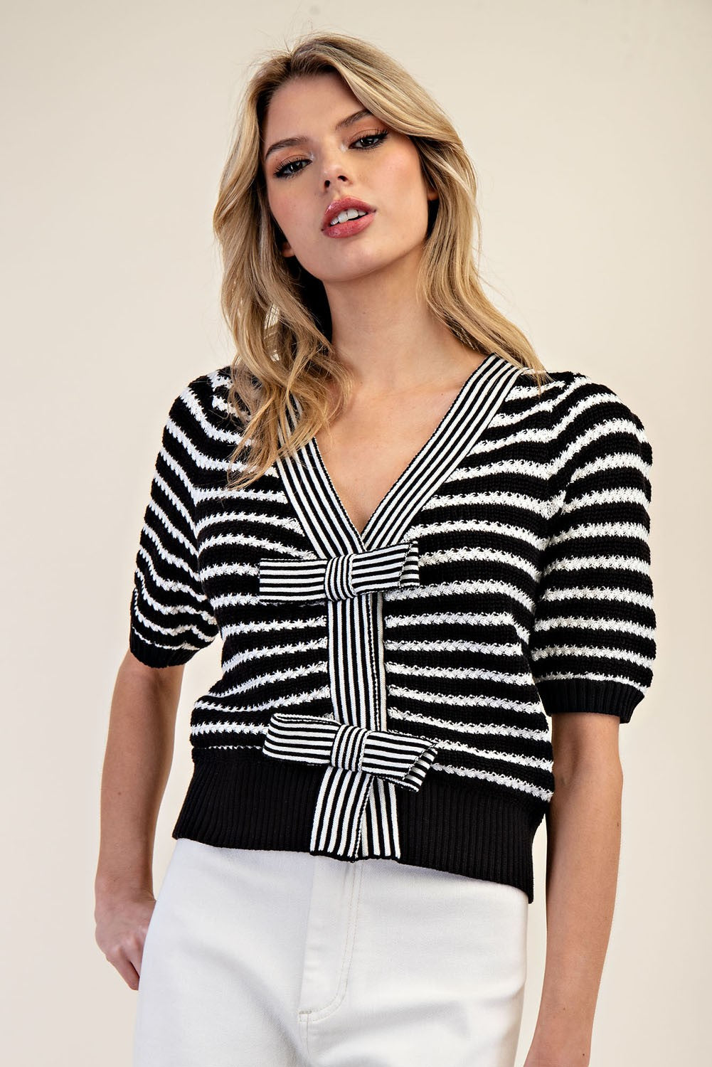 EE SOME Striped V Neck Short Sleeve Cardigan