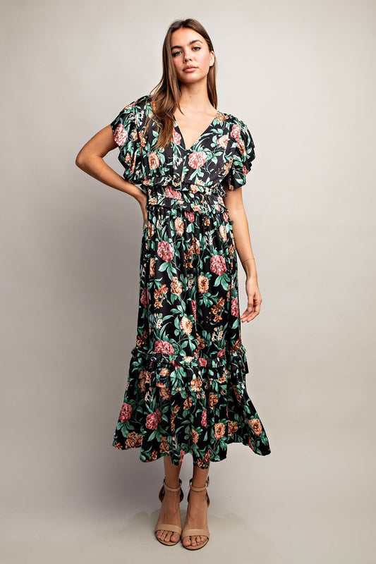 EE:SOME V Neck Ruffle Tiered Midi Dress