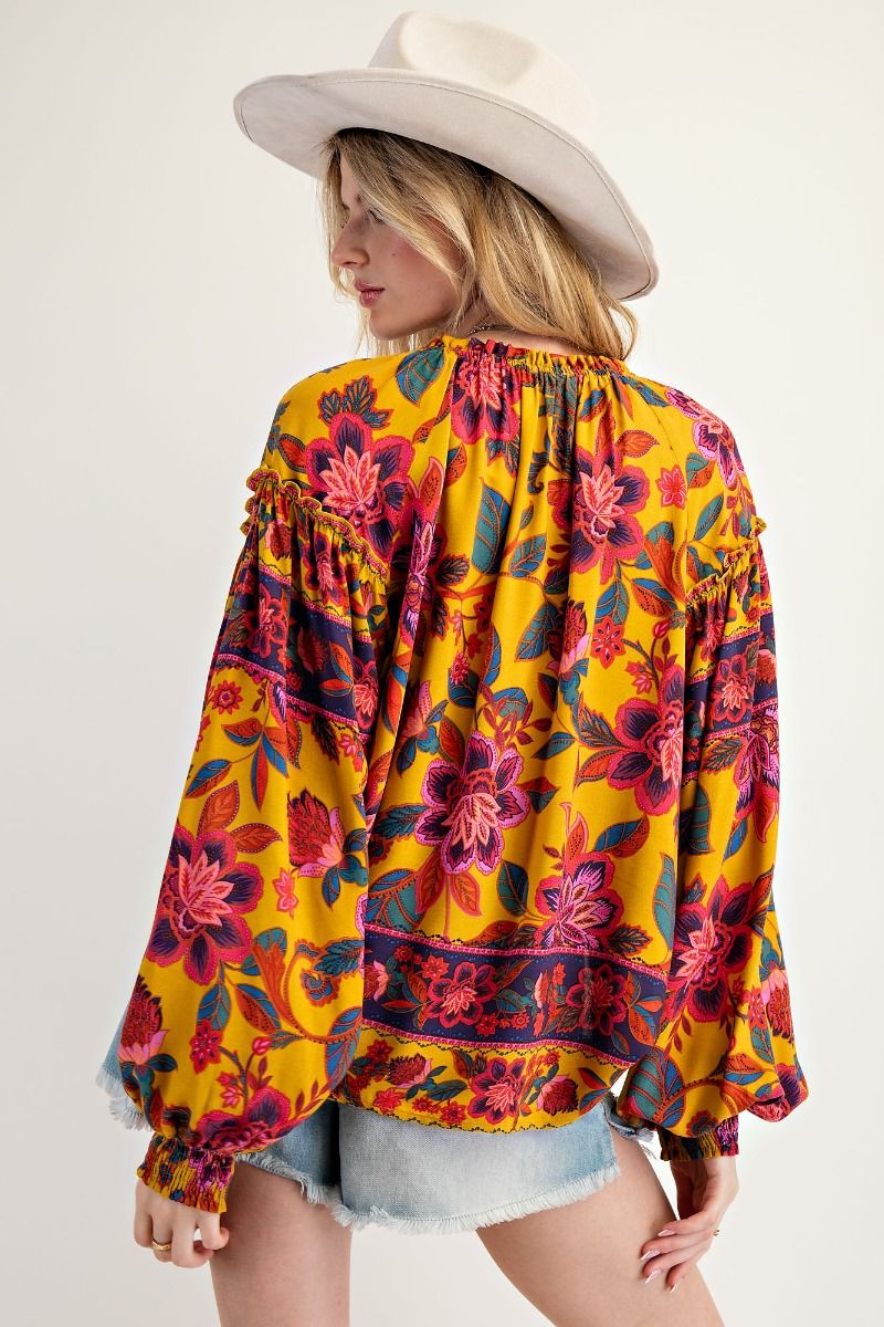 EASEL BOHO Mustard Floral Top Full Size Run