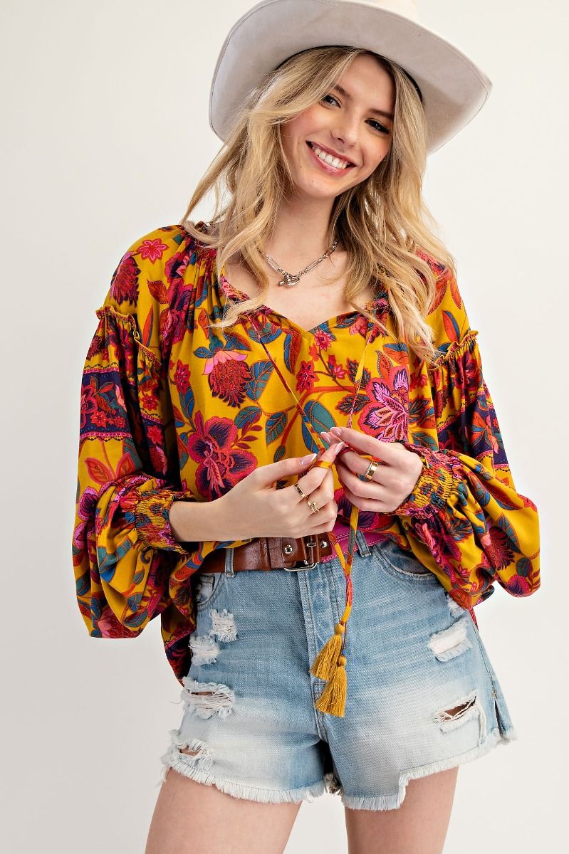 EASEL BOHO Mustard Floral Top Full Size Run
