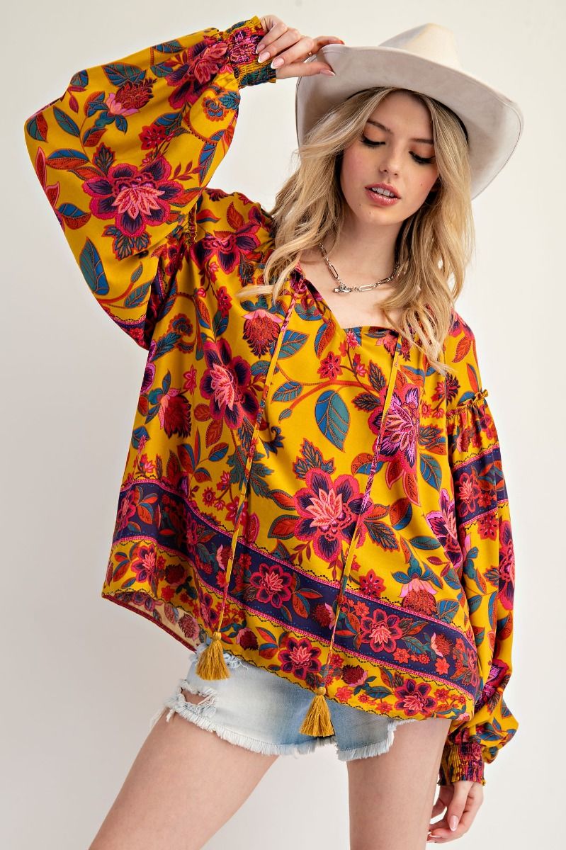 EASEL BOHO Mustard Floral Top Full Size Run