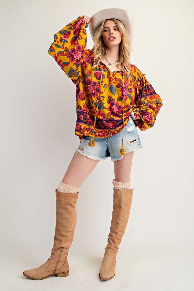 EASEL BOHO Mustard Floral Top Full Size Run