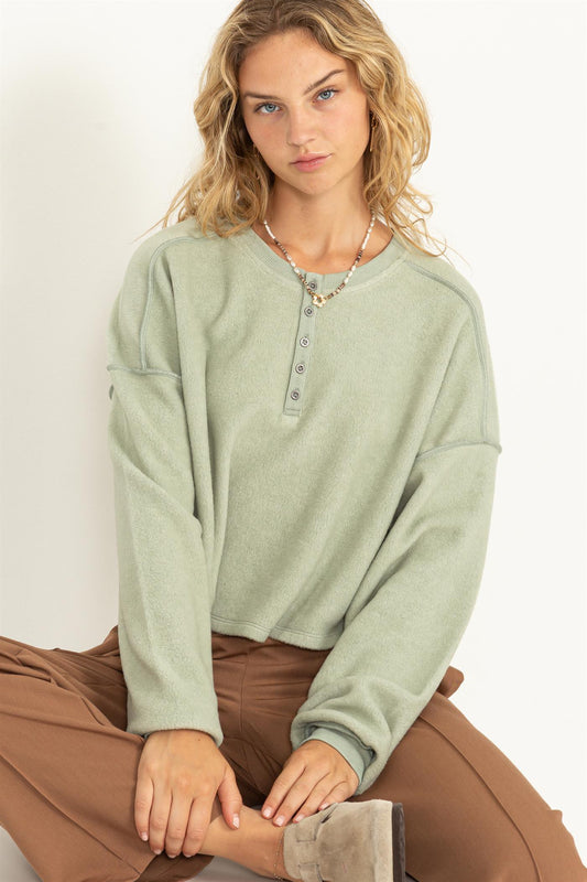 HYFVE Iceberg Green Cropped Henley Sweatshirt