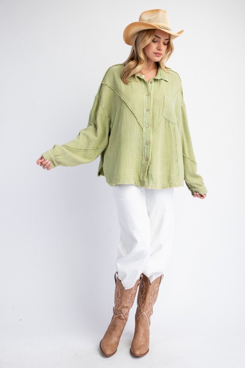 EASEL Plus Sage Green Gauze Shirt