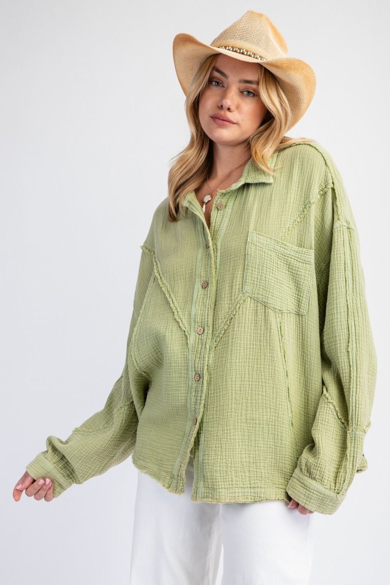 EASEL Plus Sage Green Gauze Shirt