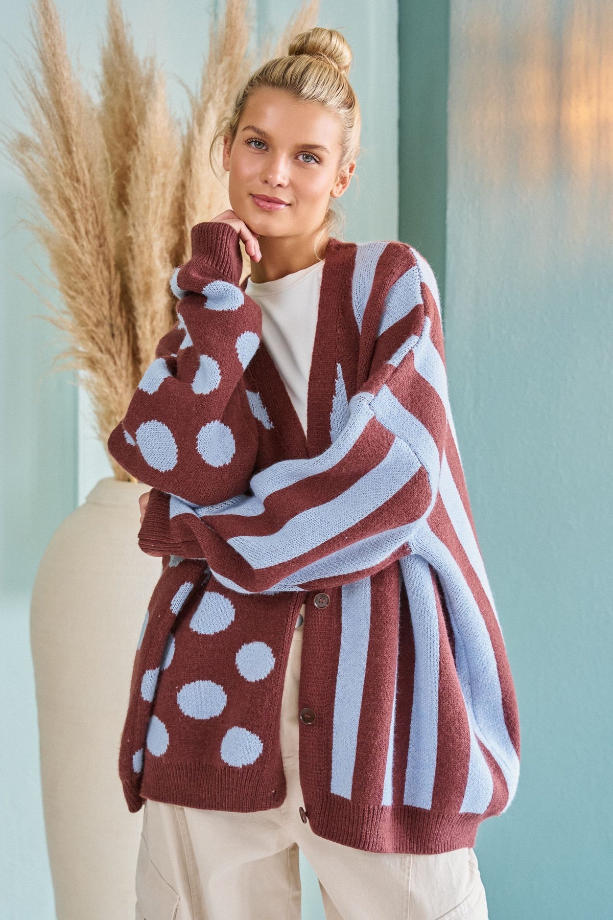 JADE BY JANE Plus Dot & Stripe Knit Cardigan