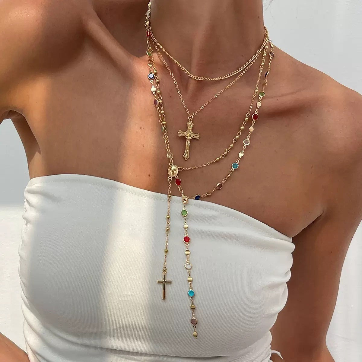 JOSSLYN Boho Y Multi Stone Cross Lariat Layer Necklace