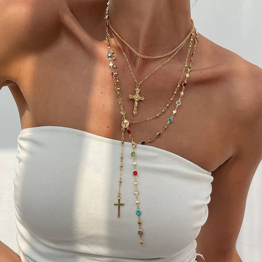 JOSSLYN Boho Y Multi Stone Cross Lariat Layer Necklace