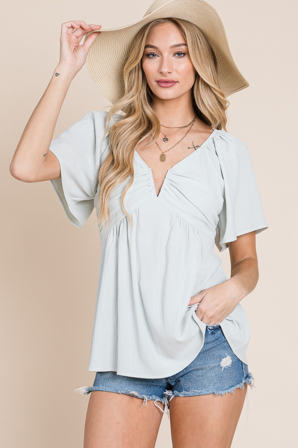 HEYSON Split Neck Crinkle Blouse