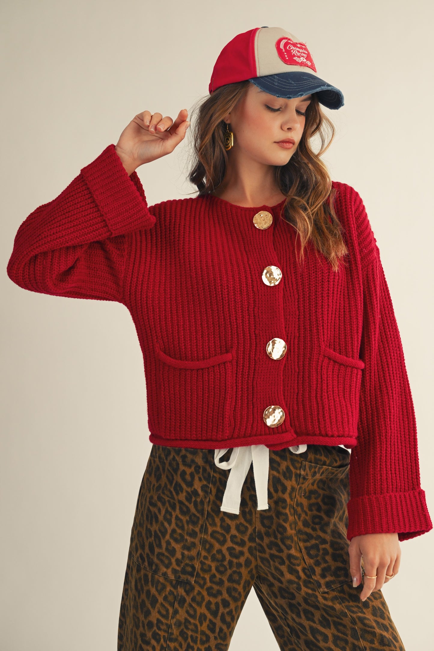 LOVLOV Vintage Gold Button Front Pocket Cardigan