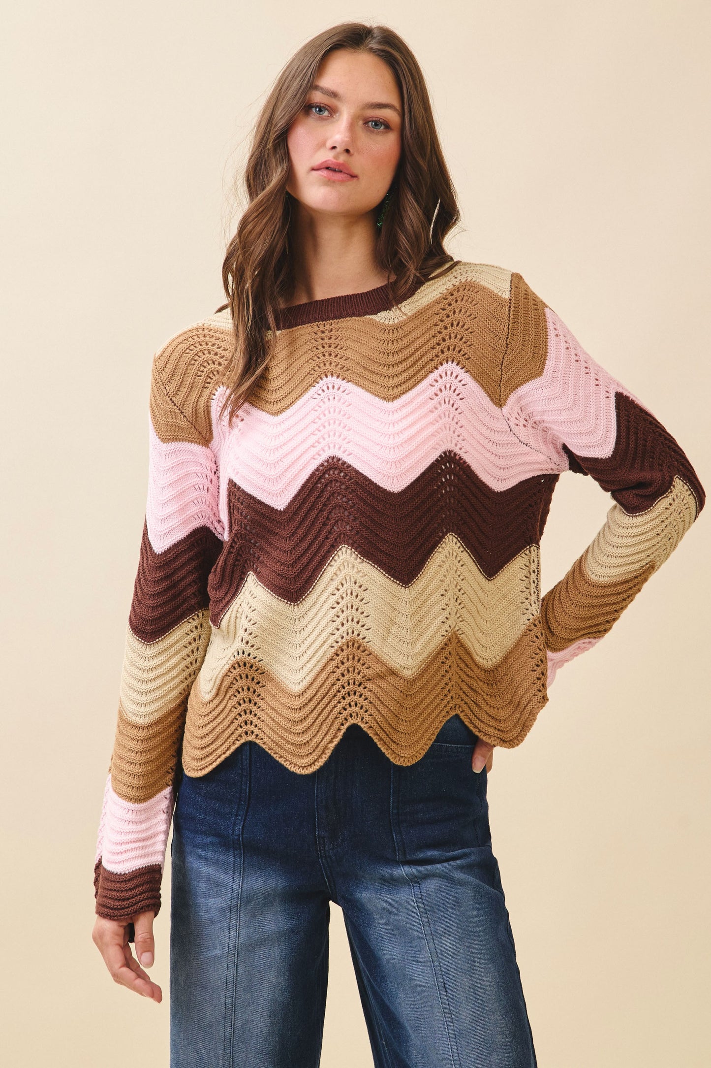 LOVLOV Loose Fit Knitted Wave Pattern Sweater