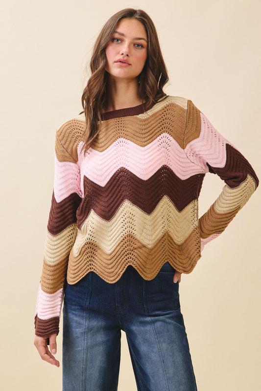 LOVLOV Loose Fit Knitted Wave Pattern Sweater