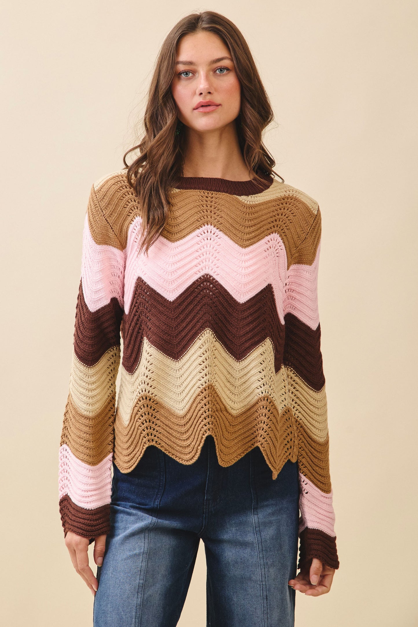 LOVLOV Loose Fit Knitted Wave Pattern Sweater