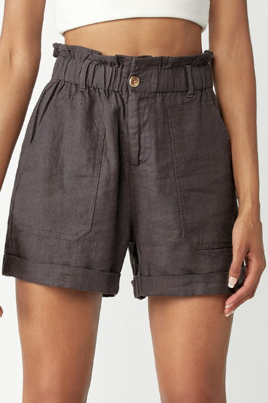 RISEN Grey Paper Bag Linen Shorts