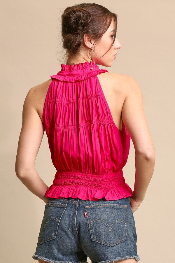 GIGIO Elastic Waist and Ruffle Detail Halter Neck Top