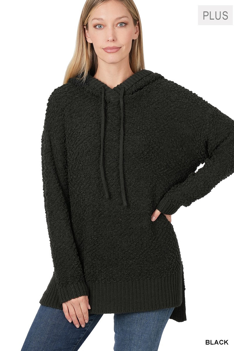 ZENANA Black Plus Hooded Hi-Low Hem Popcorn Sweater