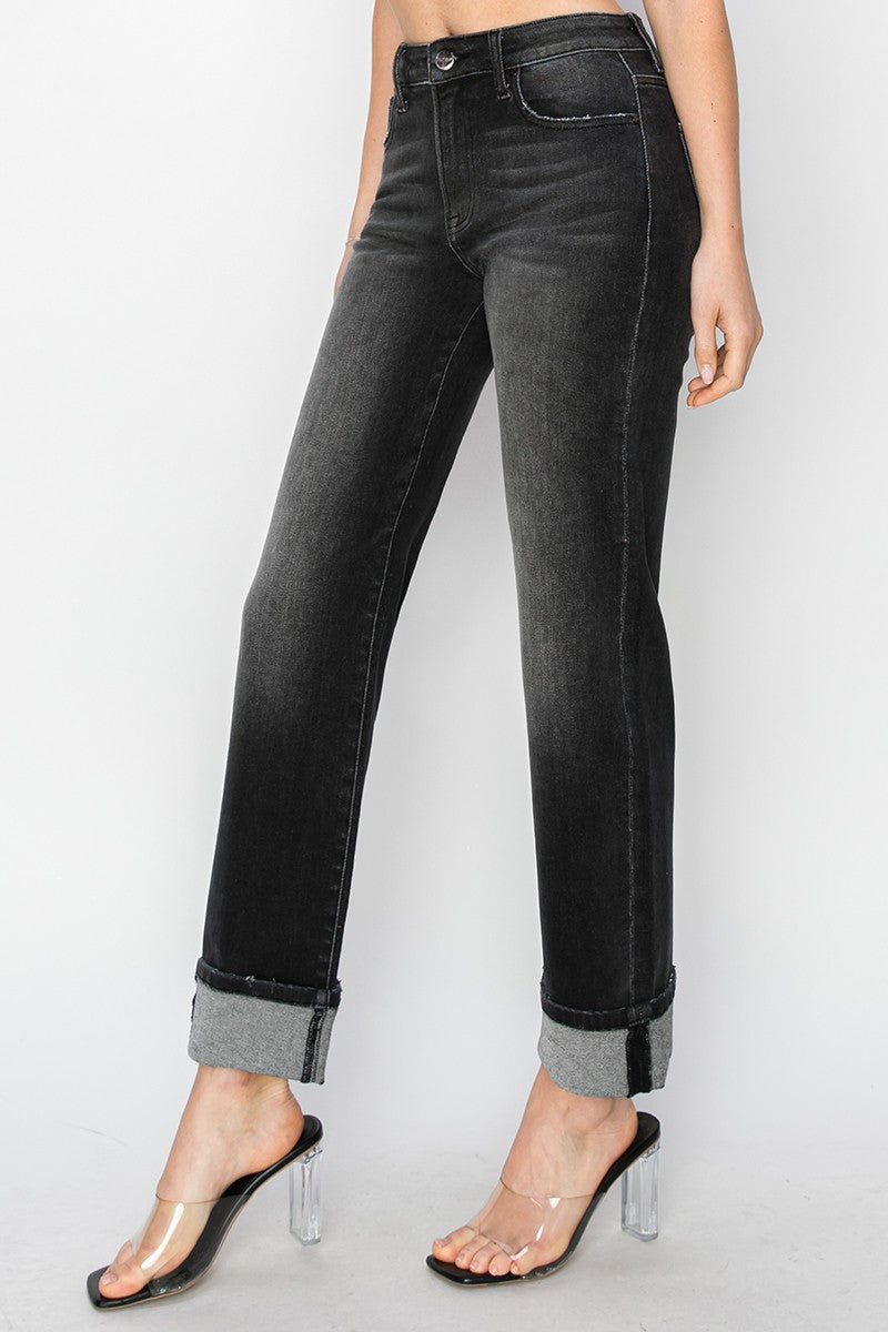 RISEN High Rise Straight Turn Up Cuff  Black Jeans