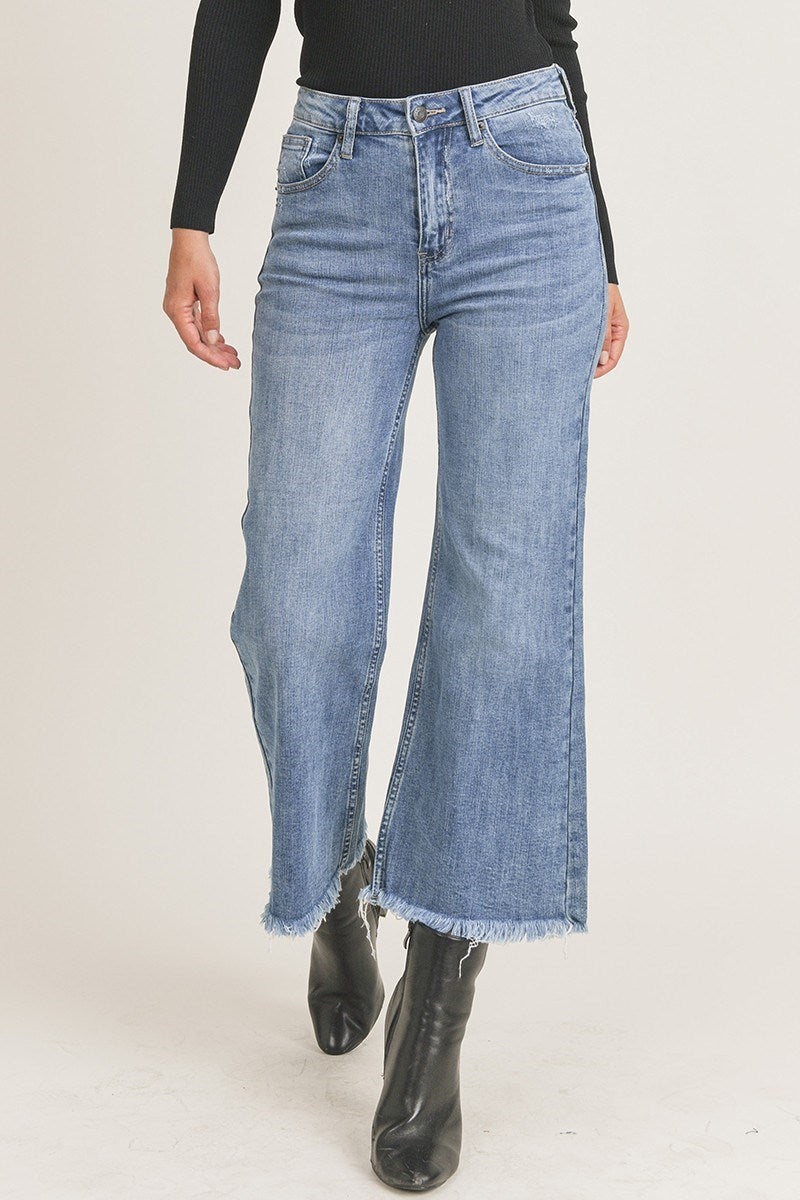 RISEN High Rise Frayed Ankle Wide Jeans