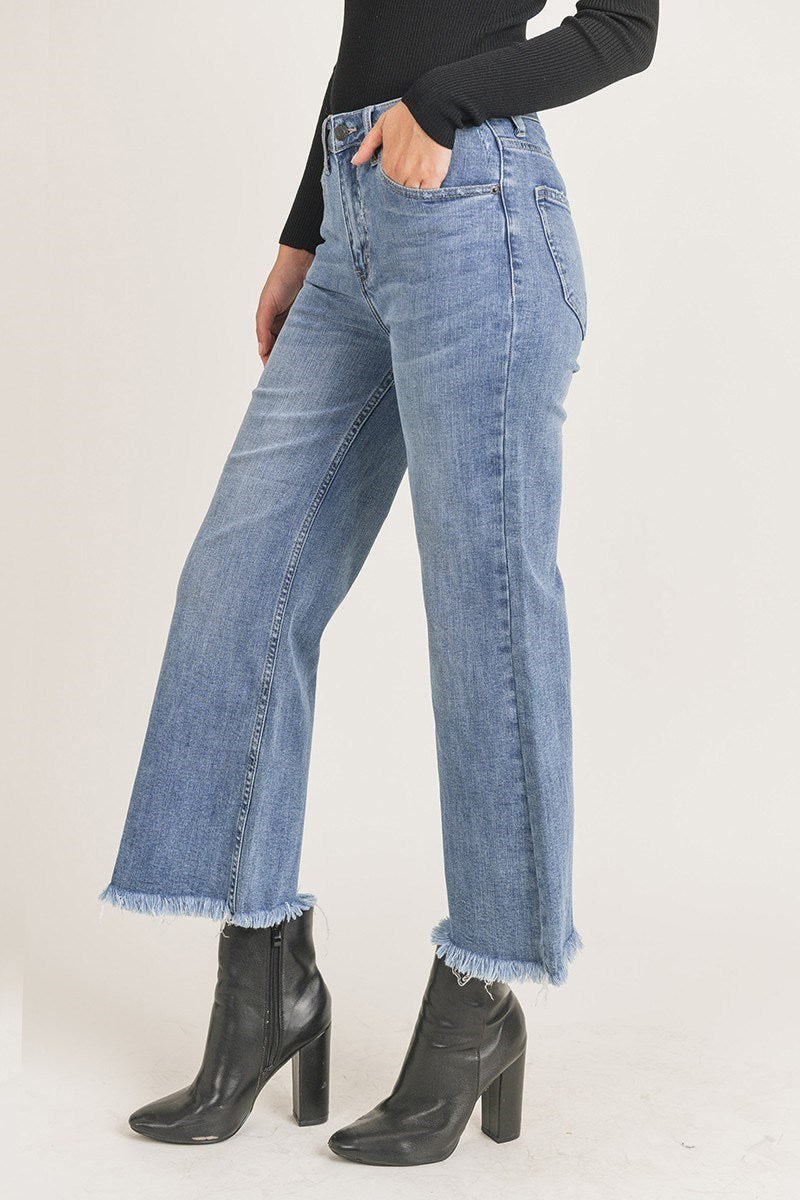 RISEN High Rise Frayed Ankle Wide Jeans