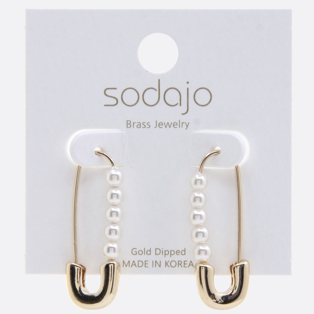JOBERRY Sodajo Pearl Safety Pin Gold Dipped Earrings
