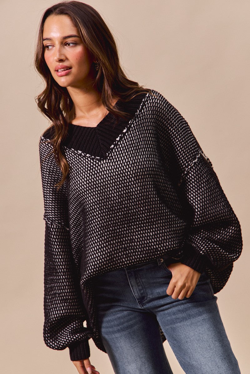 SO ME Oversized Two Tone V Neck Sweater