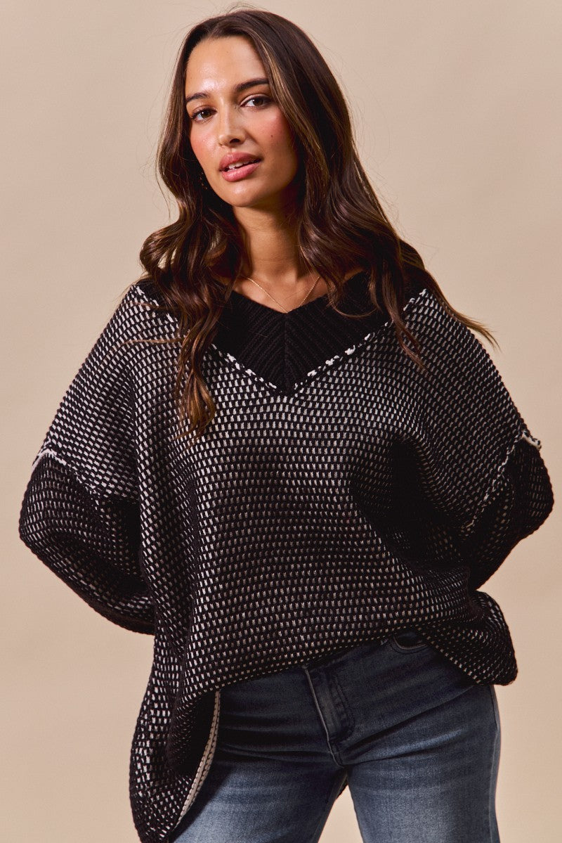 SO ME Oversized Two Tone V Neck Sweater