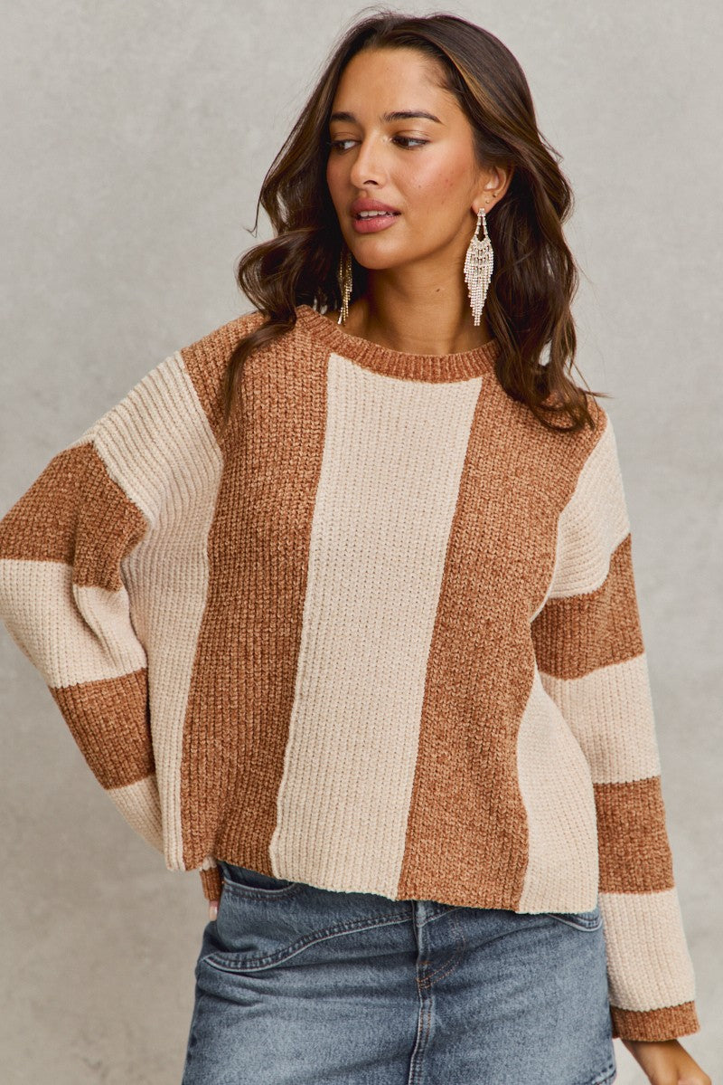 SO ME Chenille Wide Stripe Loose Fit Sweater