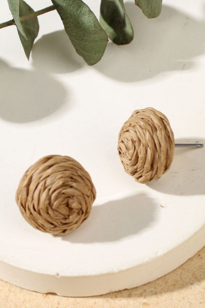 SWAN Raffia Ball Tassel Straw Woven Stud Earrings