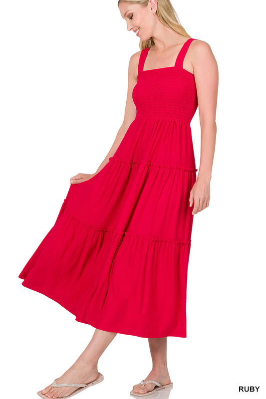 ZENANA Ruby Smocked Tiered Midi Dress