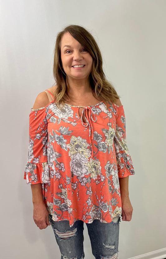 EASEL Floral Cold Shoulder Top